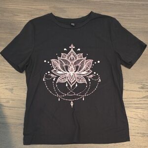 SHEIN Black Tee with Pink Lotus Design